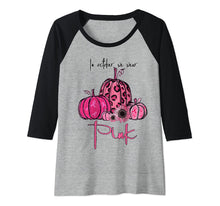 Ladda upp bild till gallerivisning, In October We Wear Pink Pumpkin Breast Cancer Halloween Raglan Baseball Tee 80797
